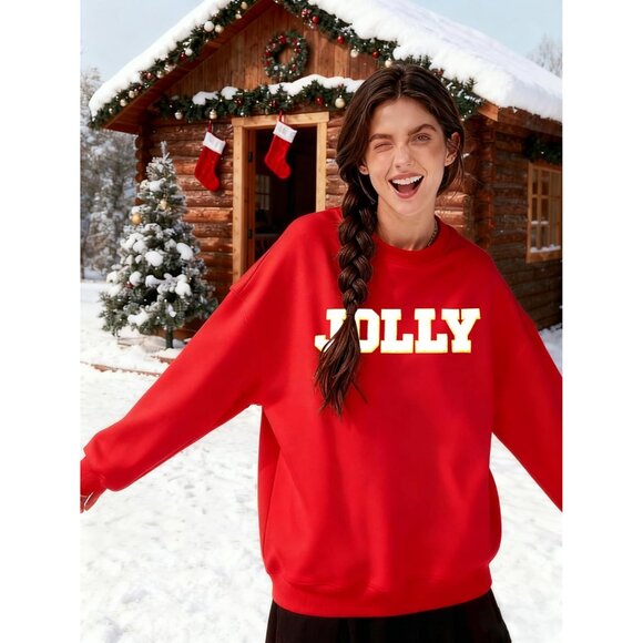 Women Christmas Sweatshirt Glitter Patch Letter Embroidered Striped Pullover - Picture 4 of 9